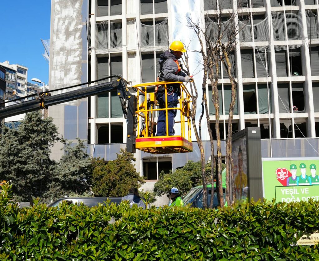Worker on a crane pruning trees in front of a modern building facade in İstanbul.